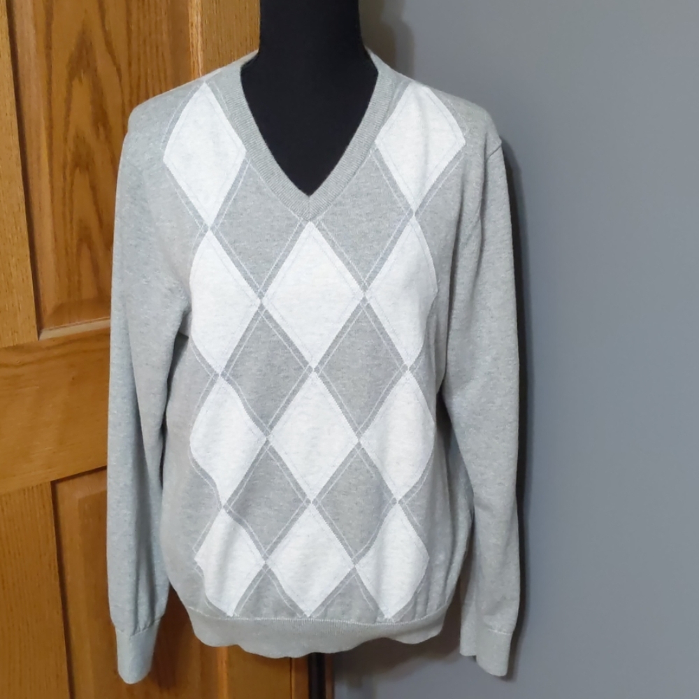Tommy Hilfiger Argyle V-Neck Sweater Medium oversized fit gray white